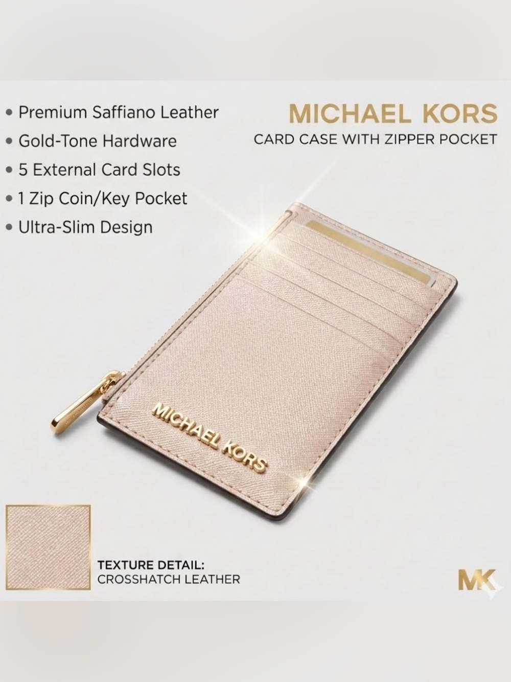 Michael Kors Blush Saffiano Leather Card Case with Gold Hardware